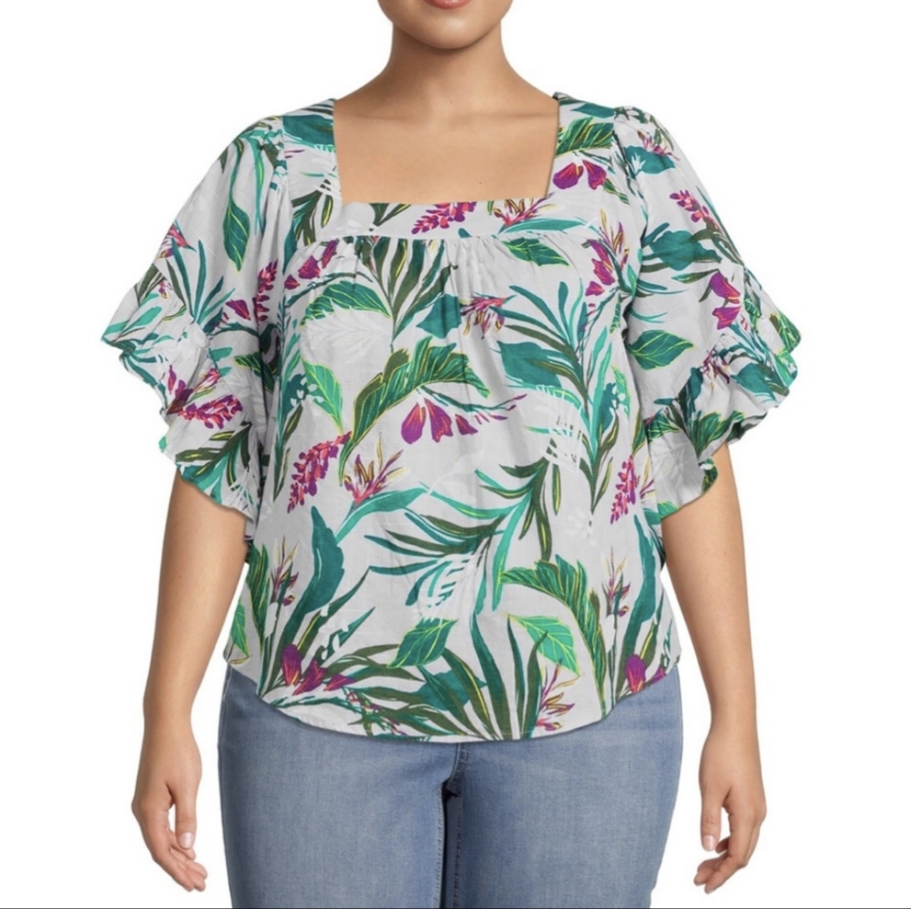 4X (28w-30W) Terra & Sky Women's Plus Size Square Neck Peasant Top